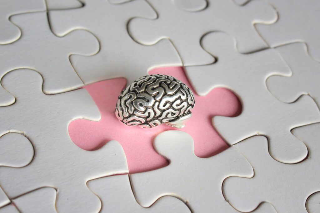 Silver metal brain inside of a jigsaw puzzle