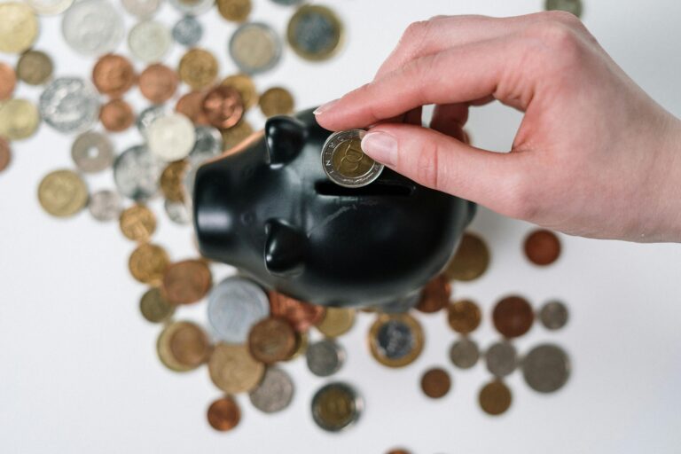 Money being put into a black piggy bank